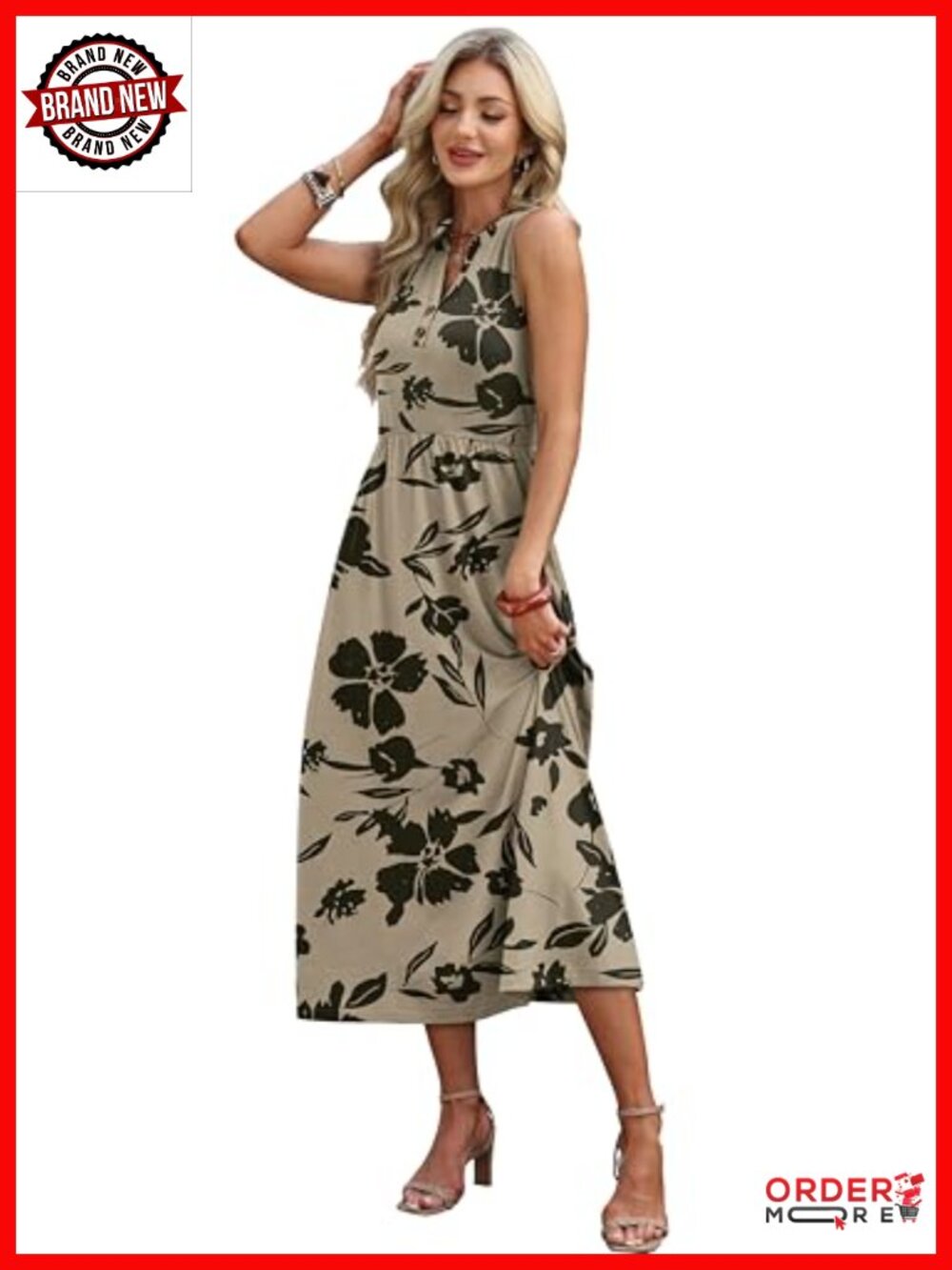 V Neck Button Up Midi Dress with Pockets and Side Slit - Picture 3 of 6